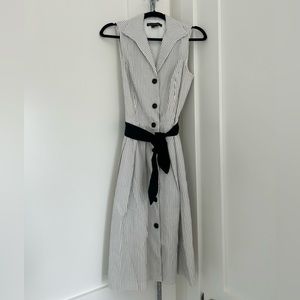 Lafayette 148 New York Dress, size 6. White pinstripe and black sash belt.